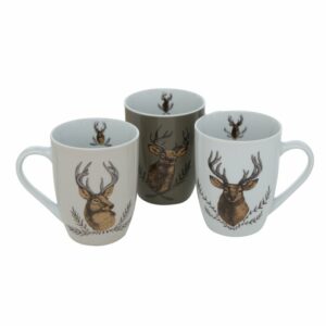 Lovergreen Kunst des Tisches Motiv Set mit 3 Porzellan-Tassen Hirschkopf